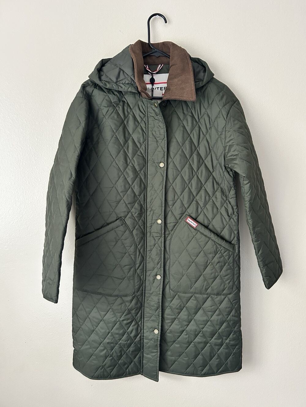 NWT Hunter Women Alison Quilted Coat Olive Green Hooded Long Jacket Size S